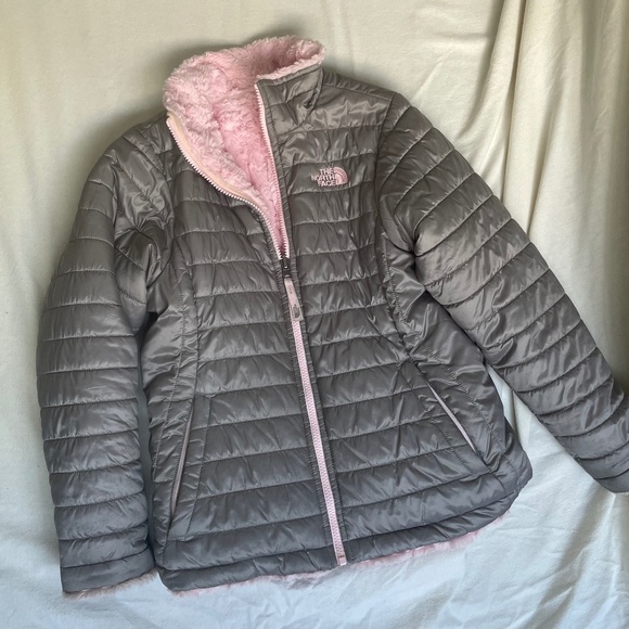 North Face Girls Reversible Mossbud Puffer Fleece Jacket Pink Gray 14-16 Large - Picture 1 of 4